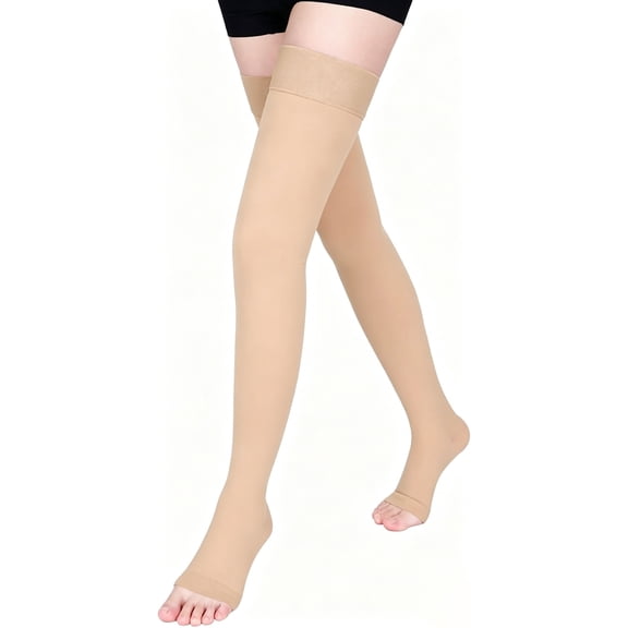 Sunm Boutique 15-20mmHg Open Toe Compression Stockings Medical Thigh High Compression Socks for Running Nursing Sports Veins( Beige, XL)
