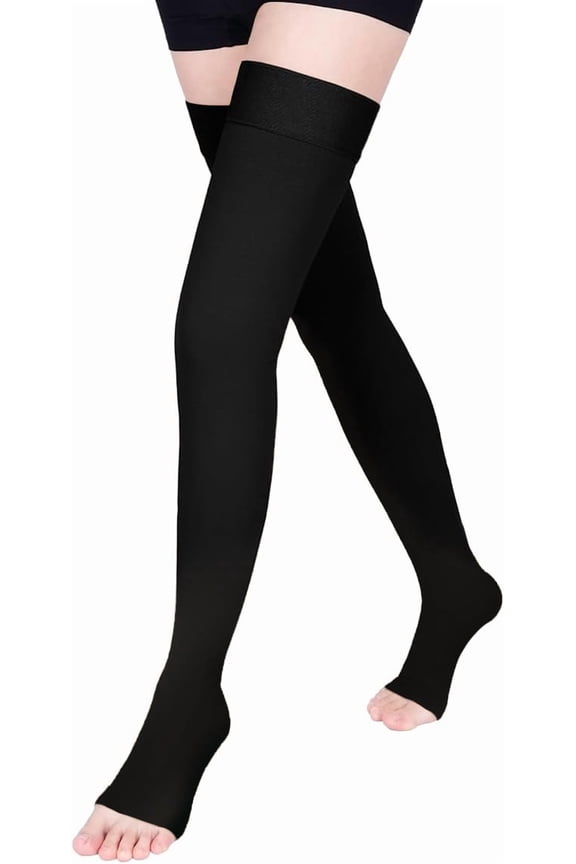 15-20mmHg Open Toe Compression Stockings Medical Thigh High Compression Socks for Running Nursing Sports Veins( Black, L)