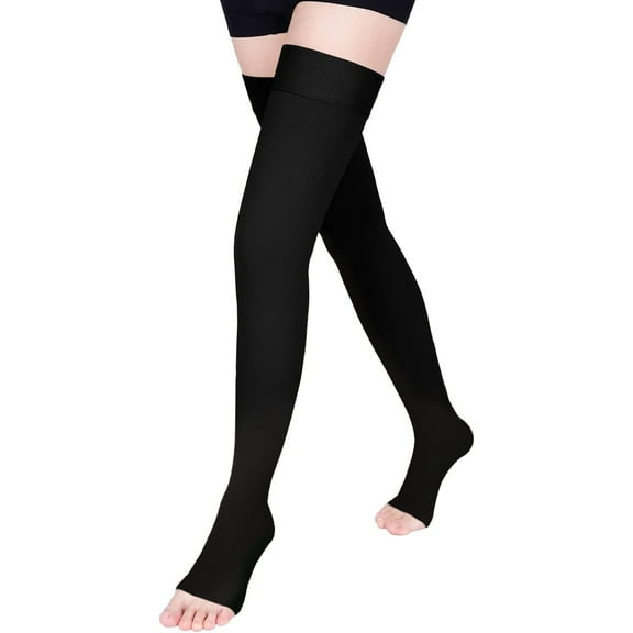 MecTo 15-20mmHg Open Toe Compression Stockings Medical Thigh High Compression Socks for Running Nursing Sports Veins( Black, M)