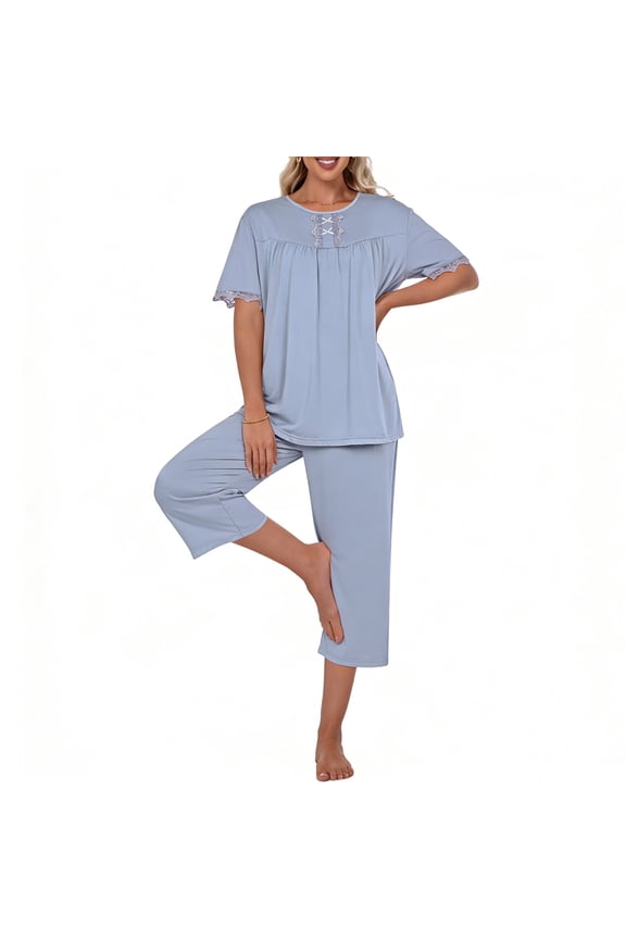 Womens Pajamas Set, Short Pajamas For Women, Ladies Summer Pjs Short Sleeve Top And Capri Pants, Loungewear Sets