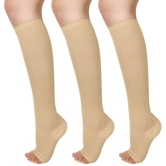 MecTo 3 Pairs 15-20mmhg Beige Knee High Compression Socks S/M Open Toe Compression Stockings for Women & Men