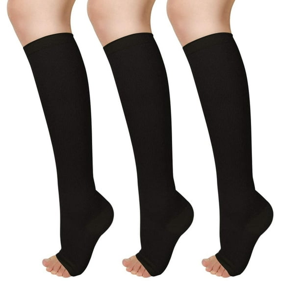 MecTo 3 Pairs 15-20mmhg Black Knee High Compression Socks L/XL Open Toe Compression Stockings for Women & Men