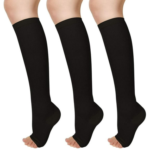 MecTo 3 Pairs 15-20mmhg Black Knee High Compression Socks S/M Open Toe Compression Stockings for Women & Men