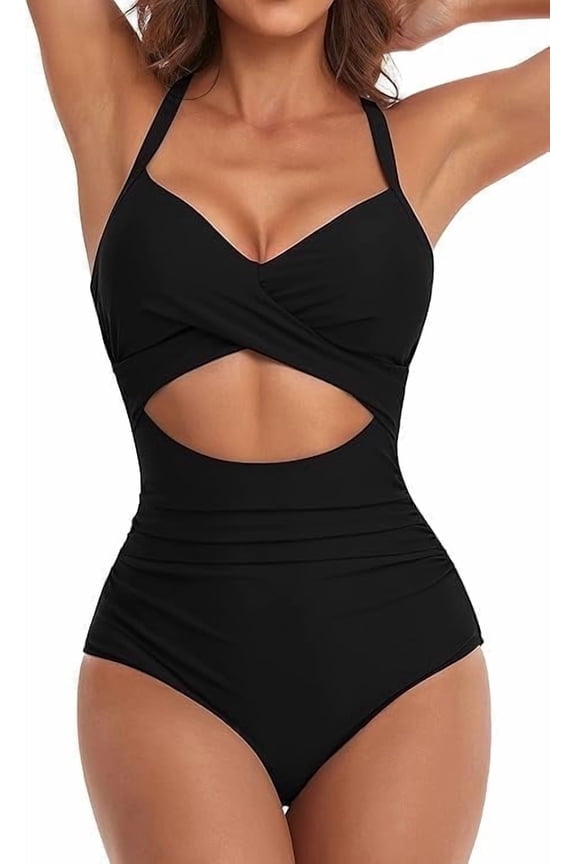Women Bathing Suit One Piece Tie Back Swimsuit High Waisted Tummy Control Cutout Wrap Swimwear for Women, 1 Piece, M
