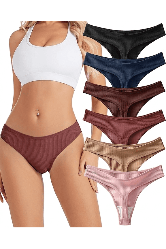 Cotton Thongs for Women, Womens Thongs Bikini Low Rise Thong Panties, No Show Underwear, 6-Pack