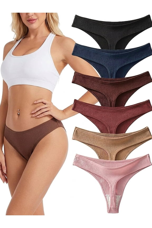 Cotton Thongs for Women, Womens Thongs Bikini Low Rise Thong Panties, No Show Underwear, 6-Pack