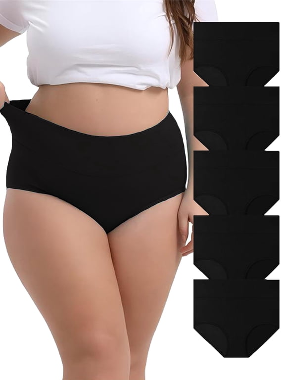 Women’s Plus Size Cotton Panties, High Waist Full Coverage Underwear, 5-Pack, Size 4XL