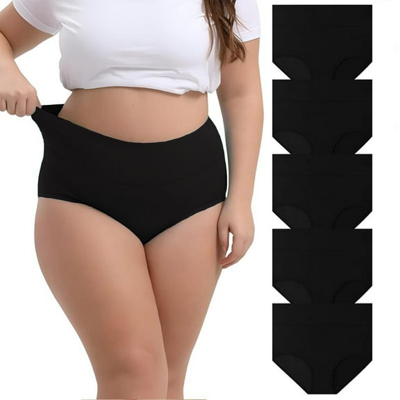 MecTo Women's Cotton Panties Underwear Plus Size Briefs High Waisted High Cut Full Coverage, Black 5-Pack