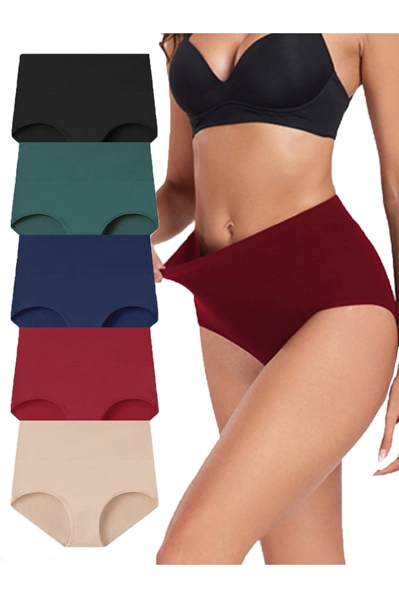 Cotton Underwear for Women , High Waist Panties Full Coverage Period Underwear, 5-Pack,Size S-5XL