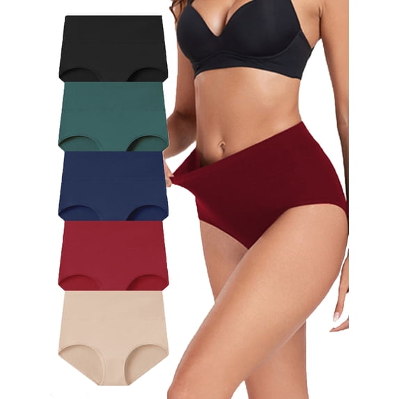 MecTo Cotton Underwear for Women , High Waist Panties Full Coverage Period Underwear , 5-Pack, Size M