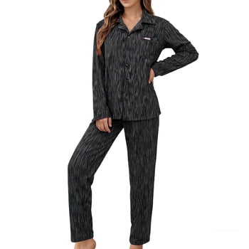 Mecto Women's Textured Button Down Pajama Set Notch Collar Long Sleeve Soft Sleepwear with Chest Pocket Casual Loungewear Nightwear PJ Set