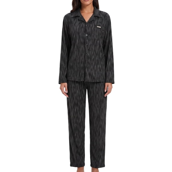 MecTo Sleepwear Notch Collar Full‑Button Front Placket Textured, Pajamas Set (Women's)