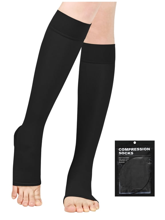 Open Toe Sheer Compression Stockings for Women, 15-20 mmHg Knee High Circulation Support Stockings, Graduated Medical Compression Socks for Travel, Flight