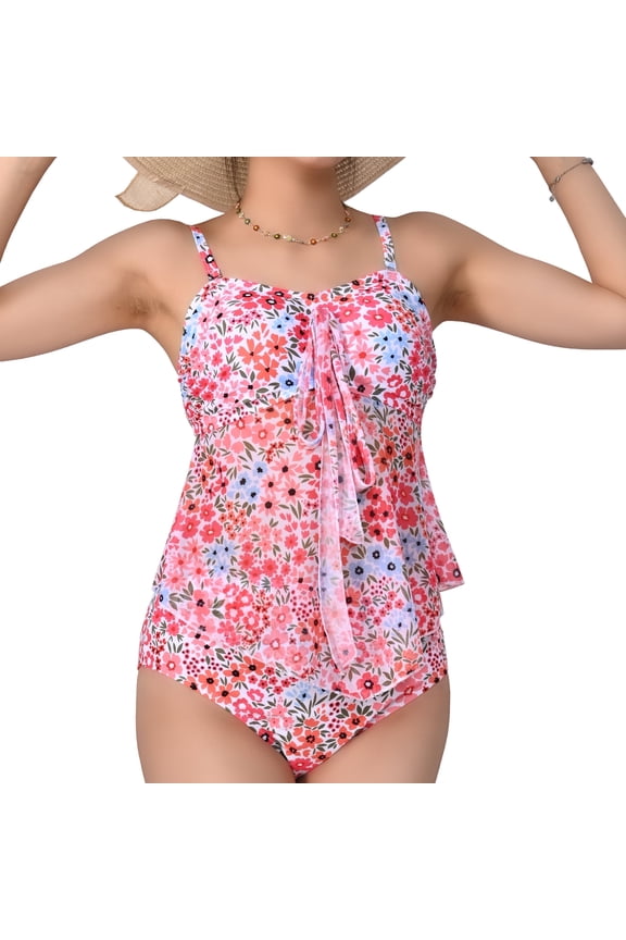 Women’s Two Piece Flower Prints Bathing Suit High Waisted Tummy Control Skirt Swimwear Bikini Set