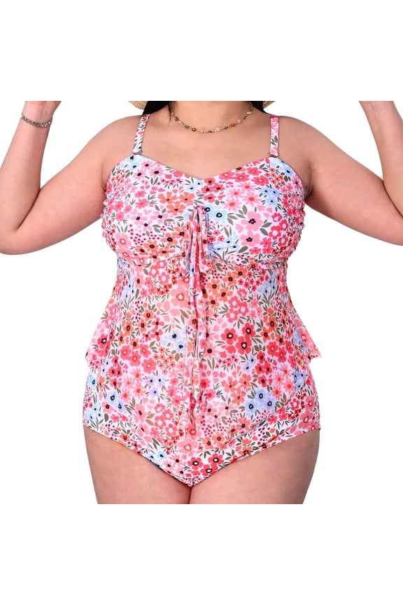 Women’s Plus Size Two Piece Flower Prints Bathing Suit High Waisted Tummy Control Skirt Swimwear Bikini Set