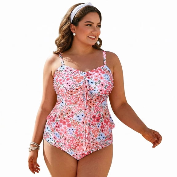 MecTo Plus Size Bathing Suit for Women 2 Piece Flower Bikini Swimsuit High Waisted Tummy Control Tankini Set Swimwear