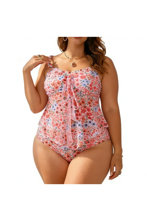 Plus Size Bathing Suit for Women 2 Piece Flower Bikini Swimsuit High Waisted Tummy Control Tankini Set Swimwear
