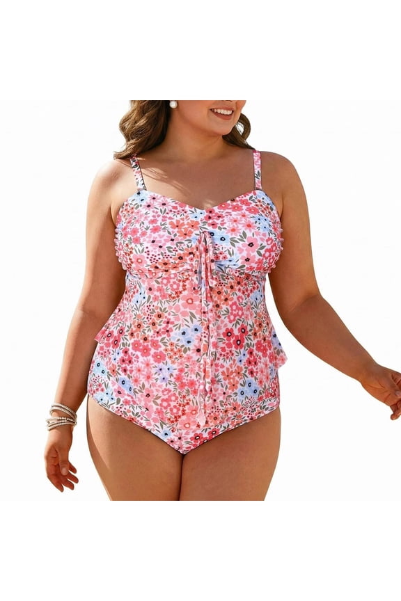 Plus Size Bathing Suit for Women 2 Piece Flower Bikini Swimsuit High Waisted Tummy Control Tankini Set Swimwear