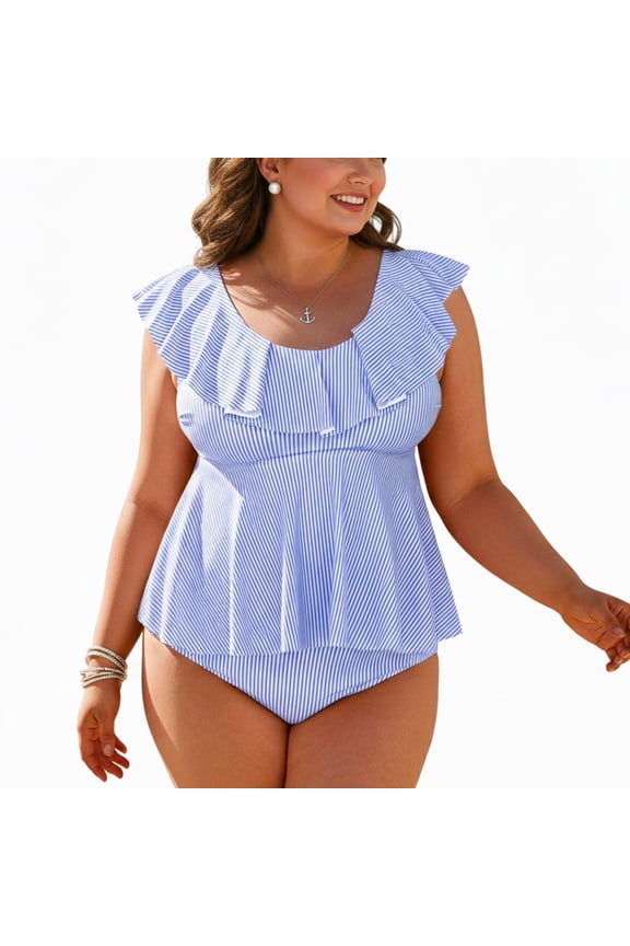 Women Plus Size Swimsuits Two-Piece Striped Swimwear High Waist Ruffle Hem Bathing Suit Tankini Set