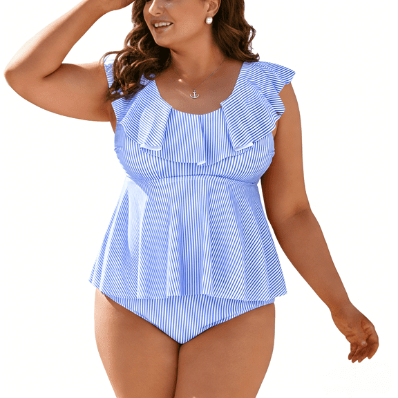MecTo Women's Plus Size 2 Piece Tankini Swimsuits Tummy Control Bathing Suit with Ruffles Halter Top - Striped Pattern
