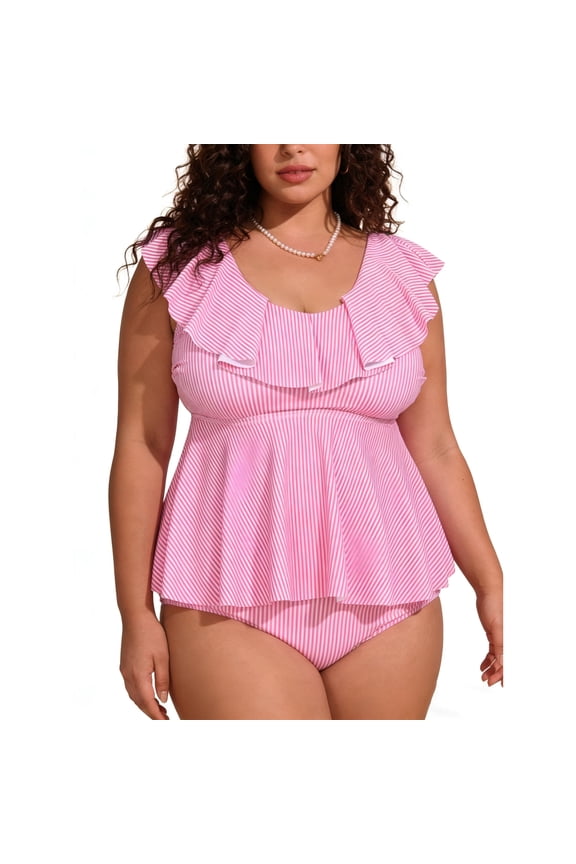 Women's Plus Size Tankini Swimsuits 2 PieceTummy Control Bathing Suit with Ruffles Halter Top - Striped Pattern
