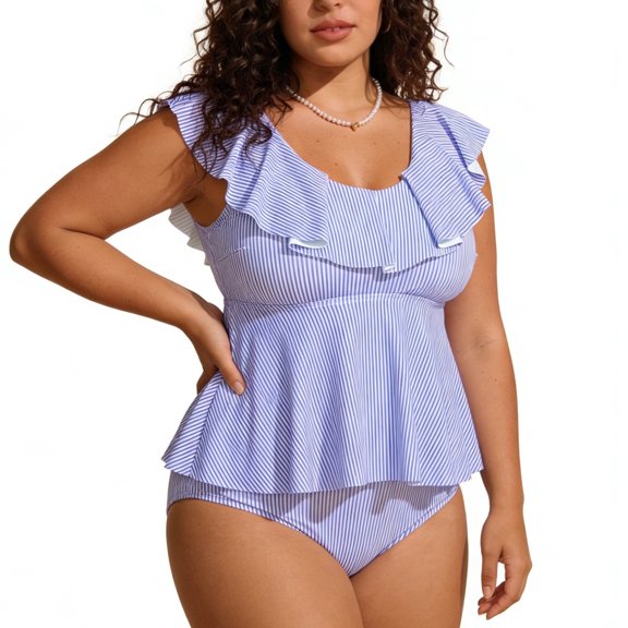 MecTo Swimsuit for Women Plus Size Bathing Suit Two Piece Ruffle Stripe Tankini Tummy Control Bikini Set