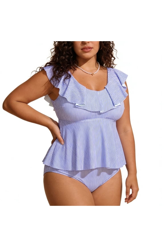 Swimsuit for Women Plus Size Bathing Suit Two Piece Ruffle Stripe Tankini Tummy Control Bikini Set