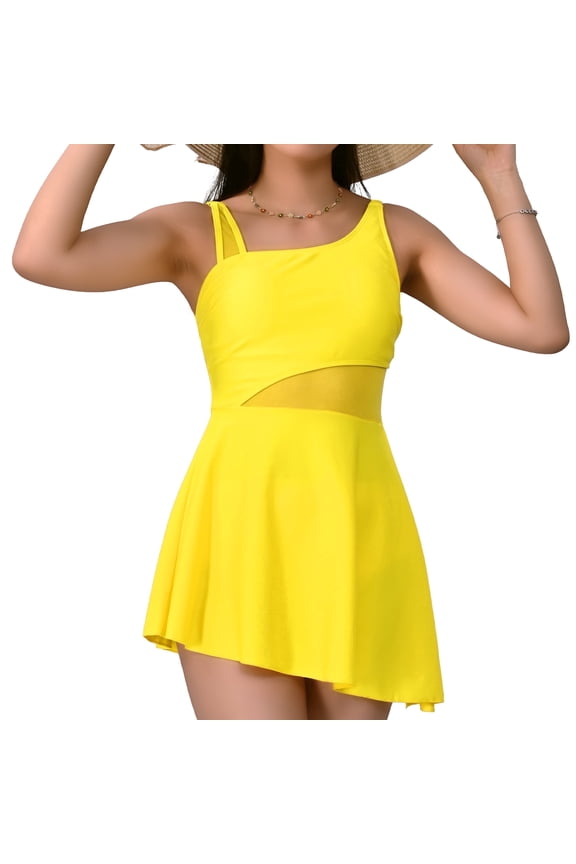 Women’s Swimsuit Dress with Tummy Control & Tie-Knot Skirt – Two-Piece Slimming Bathing Suit, Mesh Patchwork Design, Full Coverage, Set of 2 (S-XL)