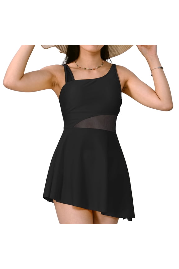 Women’s Swimsuit Dress with Tummy Control & Tie-Knot Skirt – Two-Piece Slimming Bathing Suit, Mesh Patchwork Design, Full Coverage, Set of 2 (S-XL)