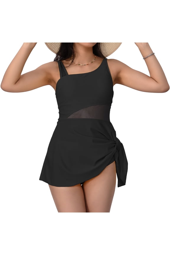 Women’s Swimsuit Dress with Tummy Control & Tie-Knot Skirt – Two-Piece Slimming Bathing Suit, Mesh Patchwork Design, Full Coverage, Set of 2 (S-XL)