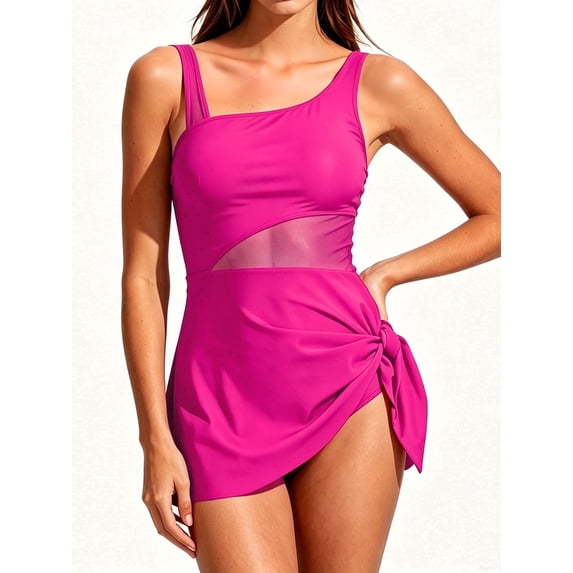 MecTo Women's Swimsuit 2 Piece Swim Suit High-Waisted Tummy Control Bathing Suit Tie Knot Skirt Top with Triangle Bottom Tankini Sets Rose Red S