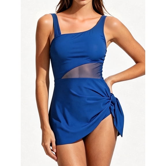 MecTo Women's Tankini Set Tummy Control Bathing Suit 2 Piece High-Waisted Triangle Bottom Tie Knot Swim Skirt Blue S