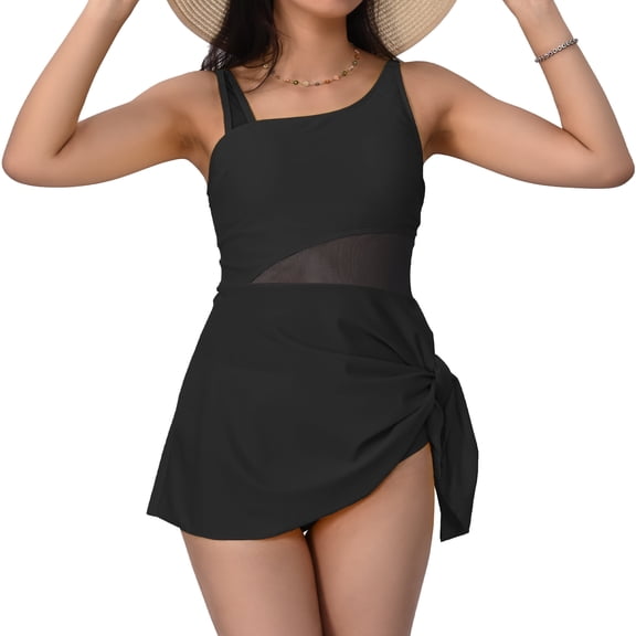 MecTo Women’s Two-Piece Swimsuit Dress with Tummy Control & Tie-Knot Skirt – Bathing Suit, Mesh Patchwork Design, Full Coverage, Set of 2 (S-XL)