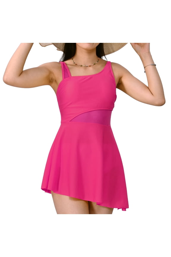 Women’s Two-Piece Swimsuit Dress with Tummy Control & Tie-Knot Skirt – Bathing Suit, Mesh Patchwork Design, Full Coverage, Set of 2 (S-XL)