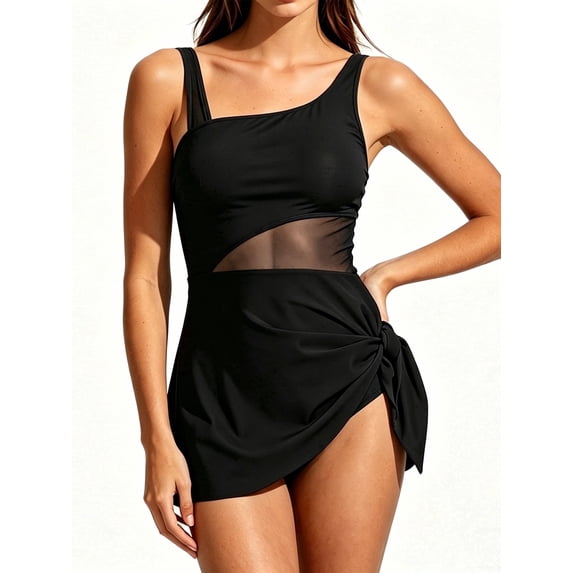 MecTo Women's Tankini Set Tummy Control Swimsuit 2 Piece High-Waisted Triangle Bottom Tie Knot Swim Skirt Black S