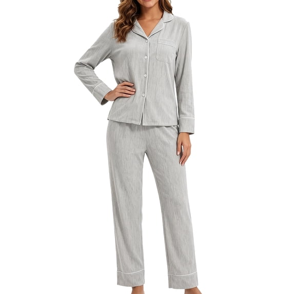 MecTo Sleepwear Notch Collar Full‑Button Front Placket with Chest Pocket, Pajamas Set (Women's)