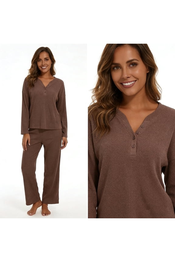 Women Pajamas Sets, Lady Waffle Button Down Shirts Long-Sleeved PJ, Brown, 2 piece, Size M