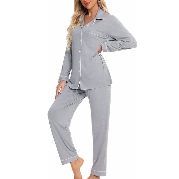 MecTo Women Pajamas Sets, Lady Long-Sleeved Shirt PJ, Grey, 2 piece, Size XL
