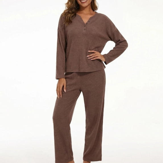 MecTo Women Pajamas Sets, Lady Waffle Button Down Shirts Long-Sleeved PJ, Brown, 2 piece, Size S
