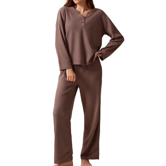 MecTo Womens Pajamas Sets Knit Pj Set V-neck Top with Long Pants Sleepwear 2 Piece Lounge Set