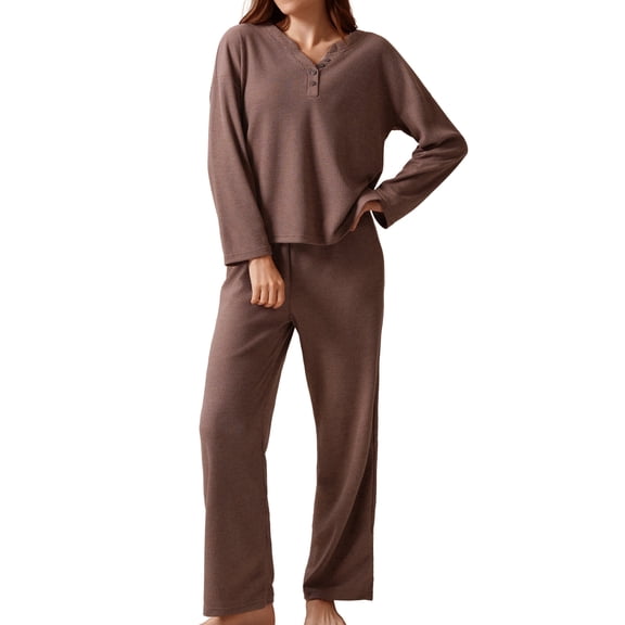 MecTo Womens Pajamas Sets Knit Pj Set V-neck Top with Long Pants Sleepwear 2 Piece Lounge Set