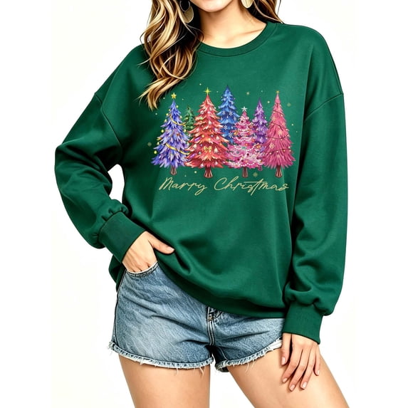 MecTo Women Merry Christmas Oversized Sweatshirt Colorful Pastel Xmas Tree Print Casual Crewneck Winter Holiday Pullover