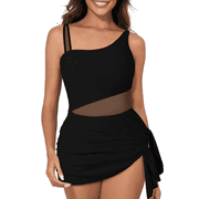 MecTo Women’s One-Piece Swimsuit Dress with Tummy Control & Tie-Knot Skirt – Slimming Bathing Suit, Mesh Patchwork Design, Full Coverage, Set of 1 (S-XL)