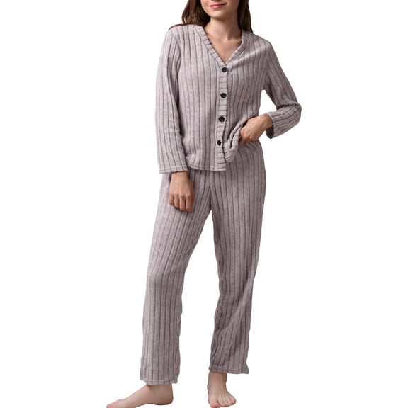 MecTo Pajamas for Women Sets Lady 2 Piece Knit V-neck Cardigan Long -Sleeves Suit Pj Sets Women’s Day Gift