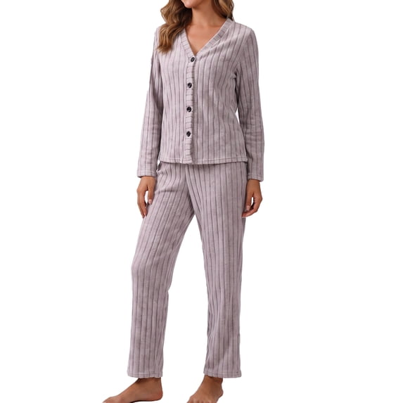 MecTo Sleepwear Soft Full‑Button Front Placket Ribbed Knit, Pajamas Set (Women's)