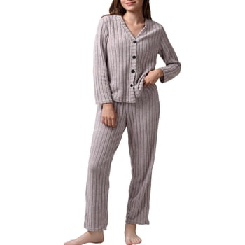 Mecto Women's Ribbed Knit Pajama Set V-Neck Button Front Long Sleeve Soft Cozy Sleepwear Casual Loungewear Nightwear 2 Piece PJ Set