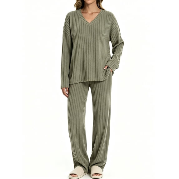 MecTo Sleepwear Long Sleeve with Pocket Ribbed Knit, Pajamas Set (Women's)