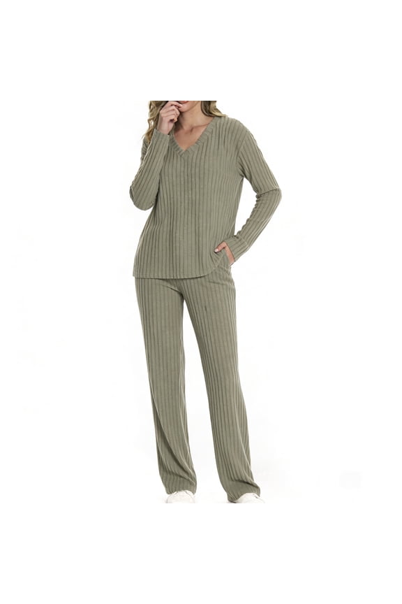 Women Pajamas Sets, Lady Long Sleeves Wide-Leg Pant with Pockets PJ, Green, 2 piece, Size M