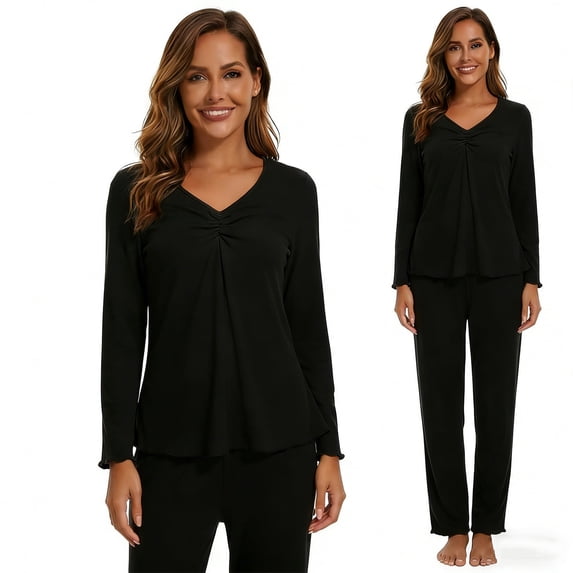 MecTo Women Pajamas Sets, Lady Solid V-neck Long-Sleeved PJ, 2 piece, Size M