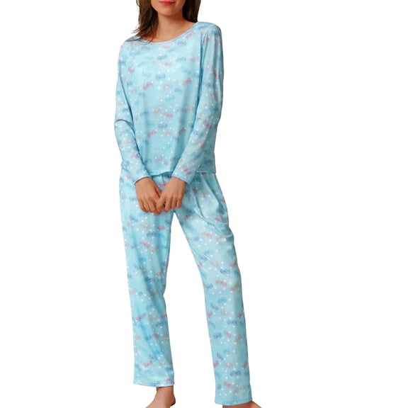 MecTo Women Pajamas Sets, Lady Floral Print Long-Sleeved PJ, Blue, 2 piece, Size XL